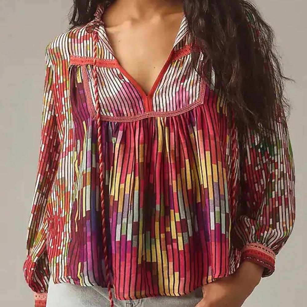 Anthropologie Conditions Apply poet top blouse M artsy boho peasant rainbow
